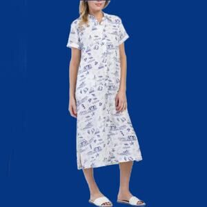 MARTHA STEWART 100% Linen Coastal Toile Midi Shirt Dress Small Blue White